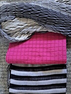 Grey Accordian Scarf, Red Weaved Scarf, and Black&Grey, Stripe&Dot Scarf Bundle